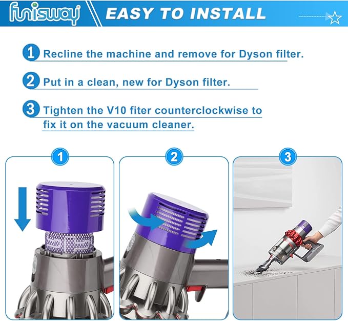 2 Pack Replacement V10 Filters for Dyson V10 Cyclone Series, V10 Animal, V10 Absolute, V10 Total Clean, SV12, Replace Part 969082-01