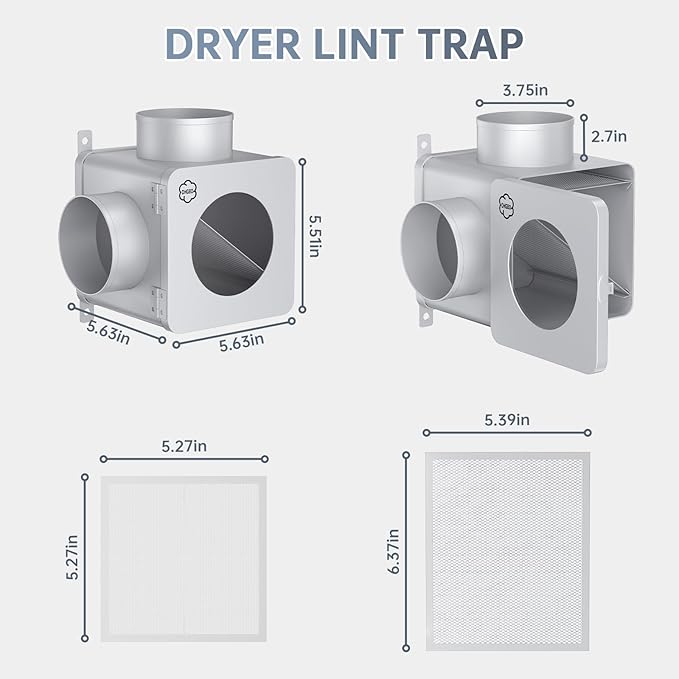 90° Dryer Lint Trap – Indoor Secondary Lint Trap for Dryer with 4" x 8FT Vent Hose, Dryer Duct Lint Trap Box & Stainless Filters, Dryer Lint Catcher for Electric & Gas Dryers(Metal)