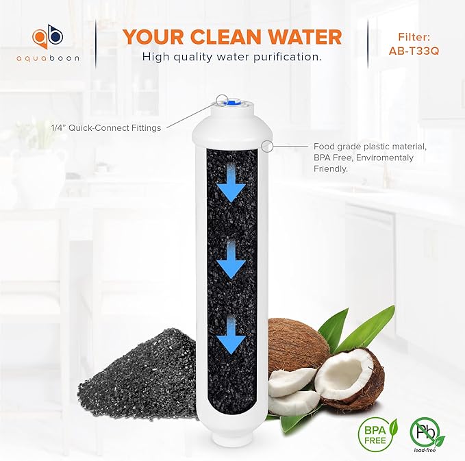 Aquaboon T33 Inline Post Activated Carbon Water Filter for Refrigerator, Ice Maker w/Quick Connect for 1/4 Water Line Compatible with ICF-10, 2-Pack