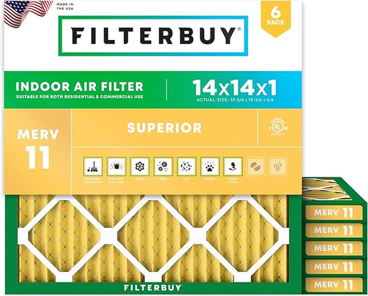 Filterbuy 14x14x1 Air Filter MERV 11 Superior Pet & Allergy Defense (6-Pack), Electrostatic Pleated HVAC AC Furnace Filters Replacement (Actual Size: 13.75 x 13.75 x 0.75)