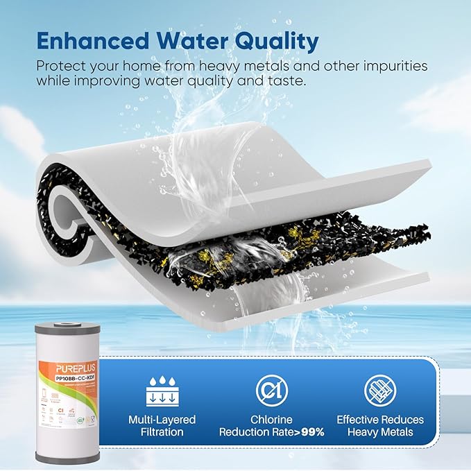 PUREPLUS 5 Micron 10" x 4.5" Whole House PP Sediment Carbon KDF Composite Heavy Metal Reduction Filter Cartridge for GE FXHTC,GXWH40L,GXWH35F,GNWH38S,Culligan RFC-BBSA,WRC25HD,Pentek RFC-BB,4Pack