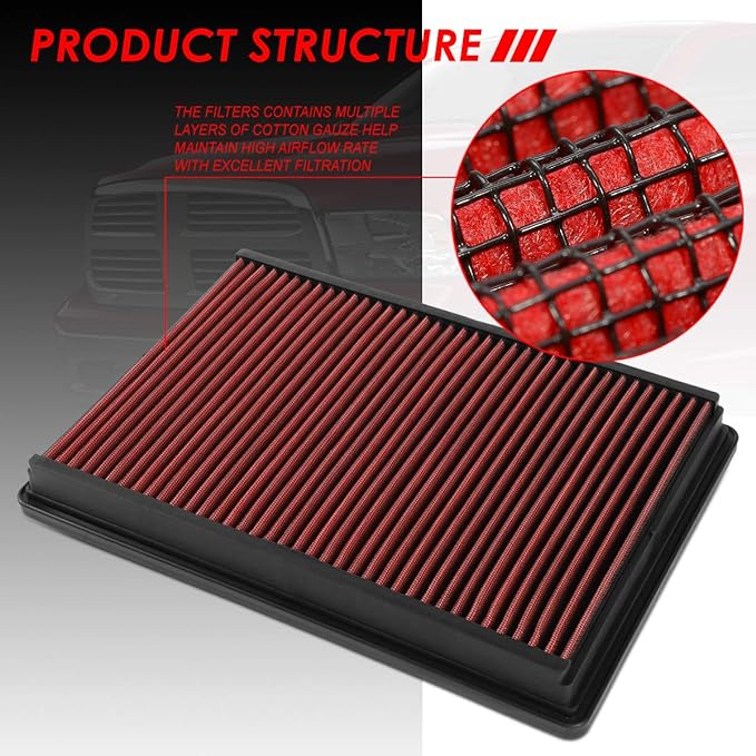 Auto Dynasty High Flow Engine Air Panel Filter Drop-in Reusable & Washable Compatible with Dodge Ram 1500 2500 3500 Pickup Classic 4500 5500 02-20 (Red)