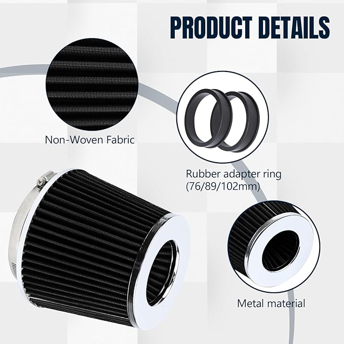Hovom Universal Clamp-On Air Intake Filter, 76 89 102MM (3/3.5/4in) High Flow Round Tapered Cold Air Intake Filter, High Performance, Washable & Reusable, Engine Filters Replacement (Black)