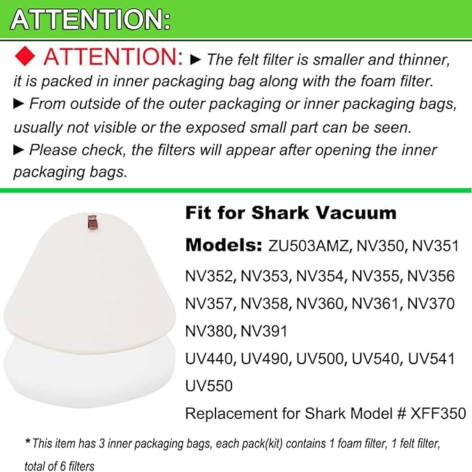 Shark Replacement Filter Set XFF350 Compatible with Shark Navigator Lift-Away vacuum NV350, NV351, NV352, NV355, NV356, NV356E, NV357, NV360, NV370, NV391, UV440, UV490, UV540（3-Sets Foam & Felt）