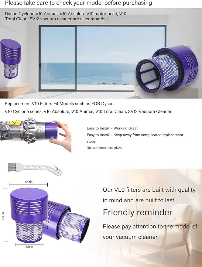 Suitable for Dyson V10 SV12 Replacement V10 Filter contains 2 filters and 1 cleaning brush.
