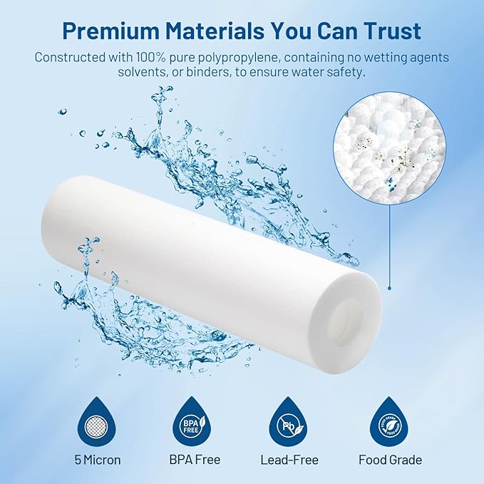 Whole House 20 Micron 10" x 2.5" Spun Polypropylene Sediment Well Water Filter Cartridge Replacement for FXUSC, P25, PD-25-934, SDC-25-1020, FPMB20-978, PWMB10M20, FP120 & 10-inch RO Unit (Pack of 6)