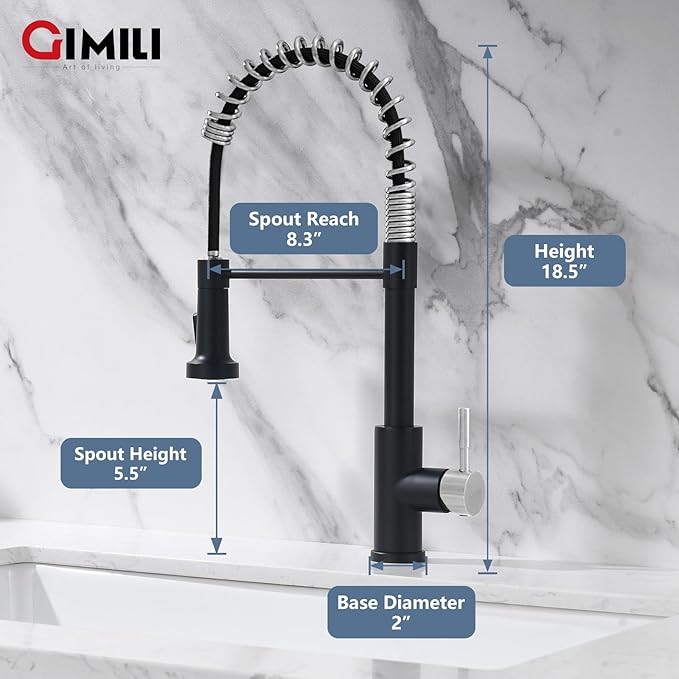 GIMILI Kitchen Faucet with Pull Down Sprayer Single Hole Stainless Steel Sink Faucet, Suitable for Farmhouses, RV, Laundry Room, Outdoor, and Campers. Llave para fregadero de cocina Black and Nickel