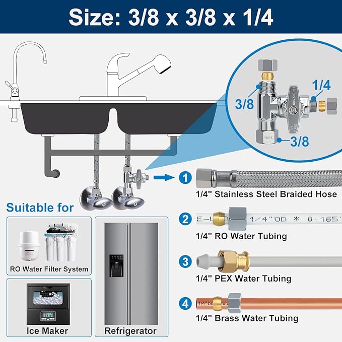 Brass Angle Stop Add-A-Tee Valve, 3/8 x 3/8 x 1/4 Compression Tee Valve,Feed Water Adapter for Refrigerators, Ice maker, Reverse Osmosis,RO Water Filter Systems, 3 Way Diverter Water Line Splitter