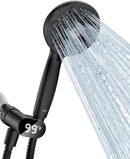 JDO Handheld Shower Head with LED Display Temperature -High Flow Showerhead with 6 Different Shower Modes - Easy-to-Clean Functions - Shower Hose Shower Holder Included