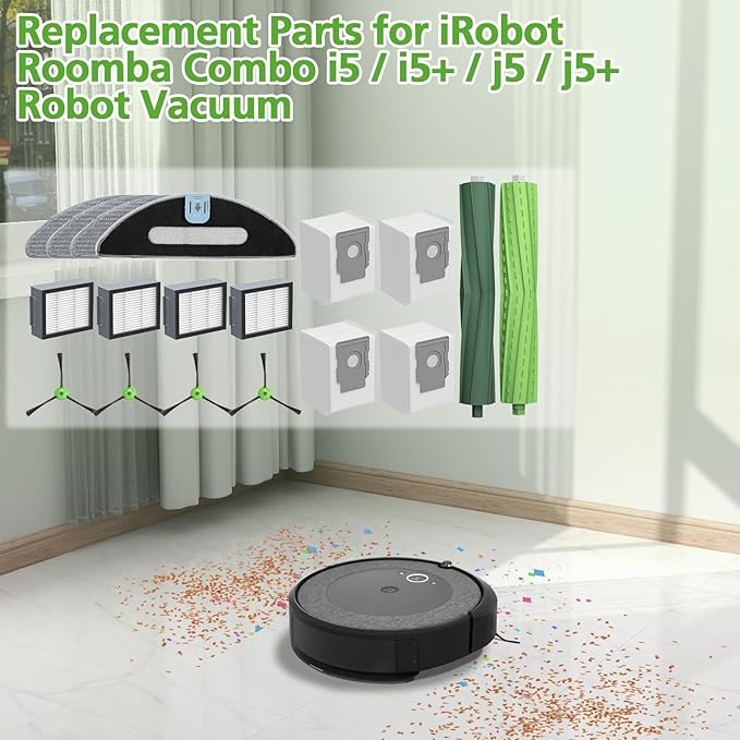 Replacement Parts for iRobot Roomba Combo i5, i5+, j5, j5+ Robot Vacuum Cleaner, Accessories Kit: Dual Multi-Surface Rubber Brushes + 4 Filters + 4 Mop Pads + 4 Vacuum Bags + 4 Edge-Sweeping Brush