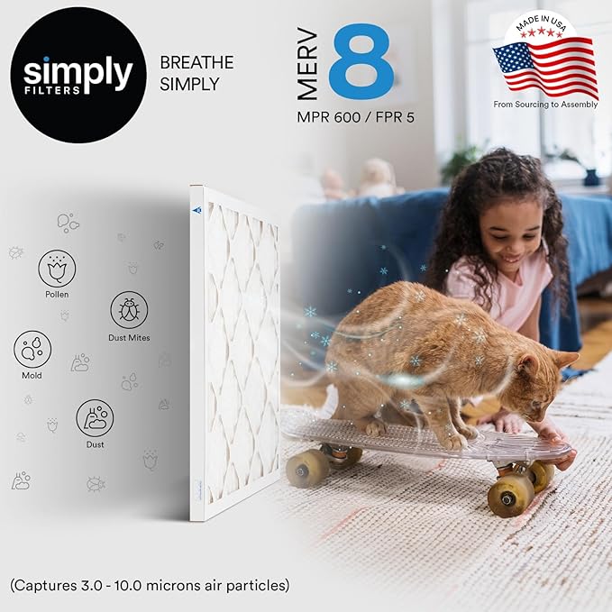 Simply 16.38x21.5x1 Air Filter, Merv 8, 4 Pack, For Home AC Furnace & HVAC (Actual Size: 16.38"x21.5"x0.75") DUST, Pet & Allergy Control,