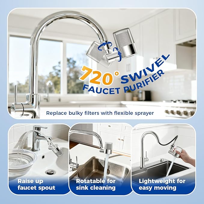 KLLEYNA Pull-Down Faucet-Mount Water Filters - (22 Adapters) Swivel 720° Sink Tap Filtration, ACF Reduce 99% Chlorine for Great Taste, 528 Gallon Purifier Kitchen/Bathroom,High Pressure 2-Mode Spray
