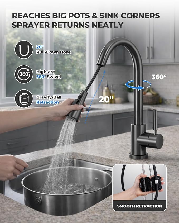WEWE Kitchen Faucets with Pull Down Sprayer, Stainless Steel Single Handle 1 Hole for Family Kitchen Commercial Camper Laundry Rv Bar, Matte Gray