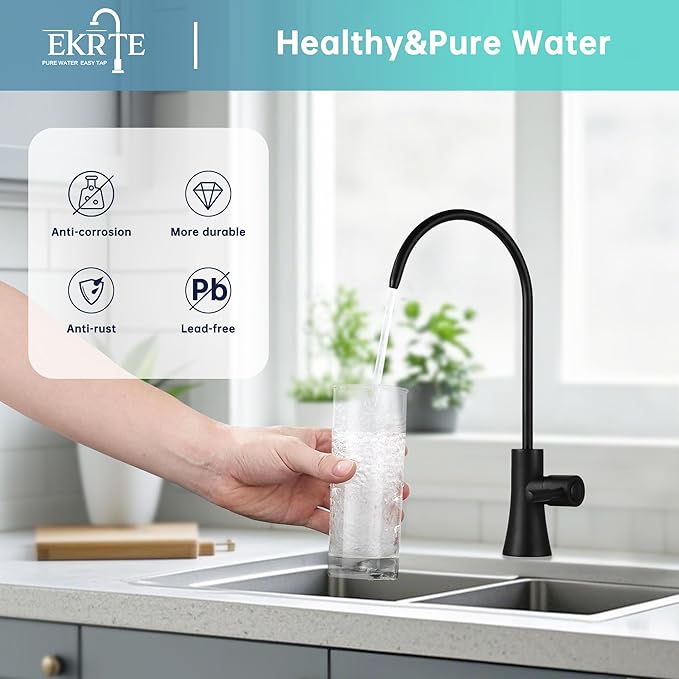 EKRTE Matte Black Drinking Water Faucet for Kitchen Sink, Stainless Steel Kitchen Water Filter Faucet,Commercial Water Filtration Faucet for Under Sink Water Filter System, RO Faucet in Matte Black
