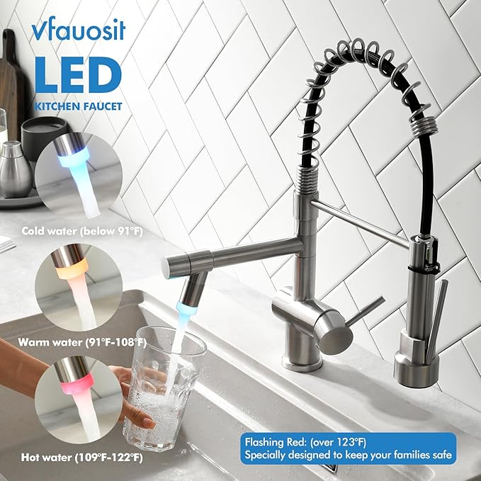 VFAUOSIT Kitchen Faucets, Commerical LED Kitchen Faucet with Pull Down Sprayer, Stainless Steel Brushed Nickel Kitchen Sink Faucet with Single Handle for Modern RV Farmhouse Camper Laundry Bar Sink