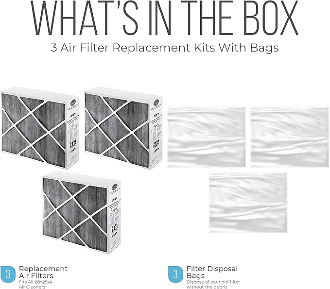 Lennox 20x25x5 Furnace Filter, X6675 Filter Replacement, Merv 16 Carbon Clean with Homequip Disposal Bag 3-Pack (Actual Size: 19.8 x 24.8 x 4.3 Inches)