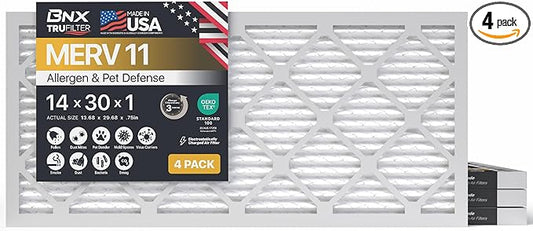 BNX TruFilter 14x30x1 Air Filter MERV 11 (4-Pack) - MADE IN USA - Allergen Defense Electrostatic Pleated Air Conditioner HVAC AC Furnace Filters for Allergies, Dust, Pet, Smoke, Allergy MPR 1200 FPR 7