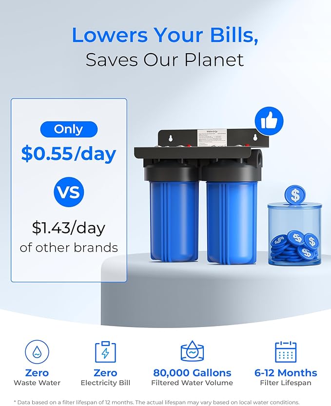 Waterdrop 2 Stage Whole House Water Filter System, with Heavy Metal and Anti-Scale Sediment Filter, Highly Reduce Iron, Scale, Lead, Chlorine, Taste, 7-Stage Filtration, WD-WHF21-SH, 1" Inlet/Outlet