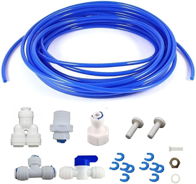 Lemoy Fridge Connection and Ice Maker Kit for Reverse Osmosis Water Systems, 16 feet 1/4 inch Tubing with 1/4 inch Push-In and Compression Fittings (blue)