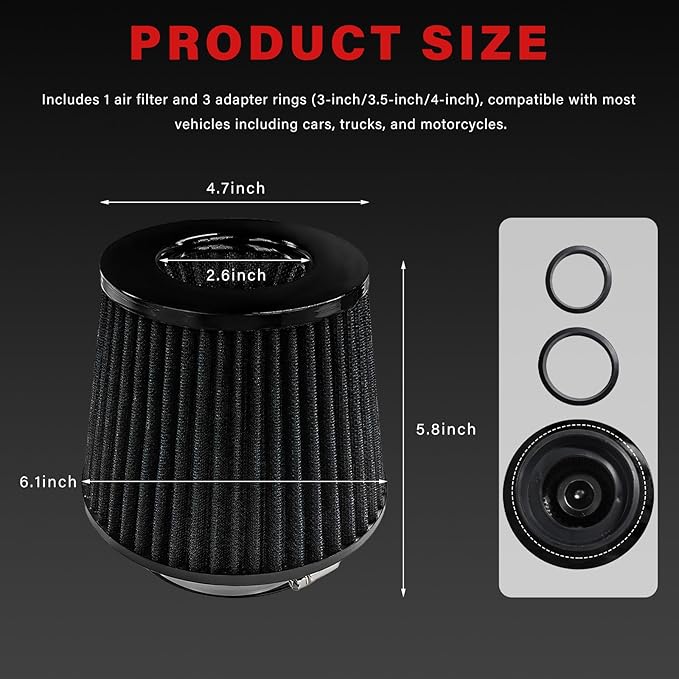 Sun Walker Clamp-on Air Intake Filter, 3/3.5/4 Inch High Flow Round Tapered Air Filter for Enhanced Engine Power, Washable & Reusable Cone Filters Replacement for Car Truck Motorcycle (Black)