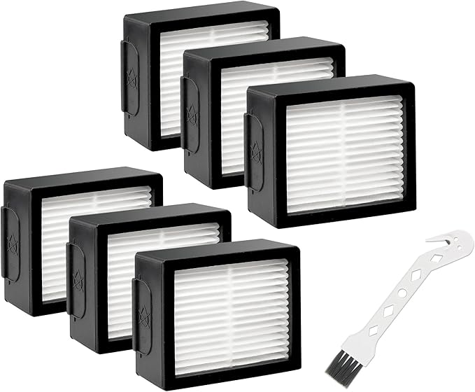 Filters Replacement for iRobot Roomba E I J Series j7 i1+ i3 i3+ i4 i5 i6 i7 i7+ i8 i8+ E5 E6 E7 Vacuum Cleaner Parts by Techecook - 6Pack 4639161 High efficiency Filters+1 Cleaning Brush