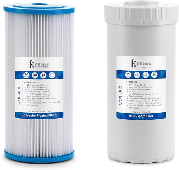 iFilters Whole House Sediment & GAC/KDF Replacement Water Filter Cartridge Set | 100% Compatible with 4.5”x10” Dual systems like MWH-D-WELL & SP30-KDF1-4510