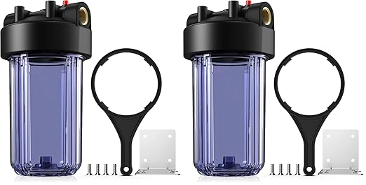 SimPure Whole House Water Big Filter Housing (DB10C), 10" x 4.5", Blue for Whole Home Water Filtration, Sediment Water Filter System for Well, 1" NPT Brass Port (Clear Housing) (Pack of 2)