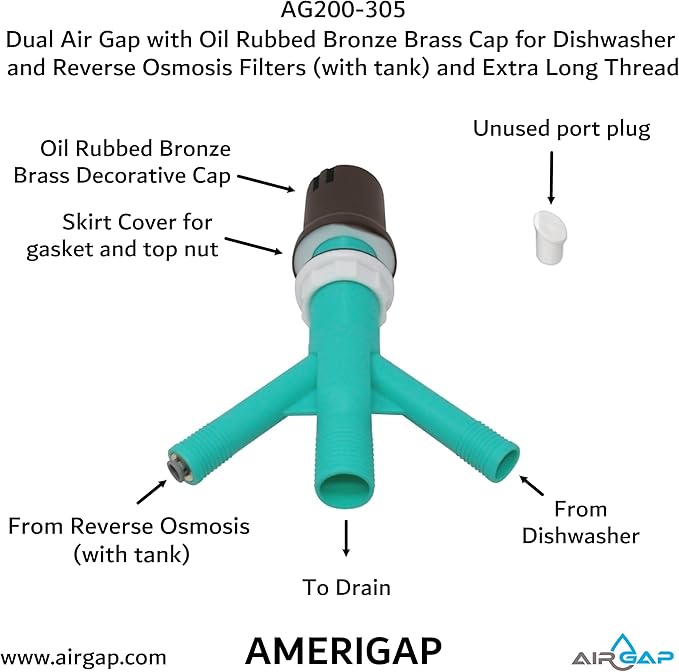Dual Air Gap with Oil Rubbed Bronze Brass Cap for Dishwasher and Reverse Osmosis Filters (with tank) and Extra Long Thread (AG200-305, AG200-X05, AMERIGAP)