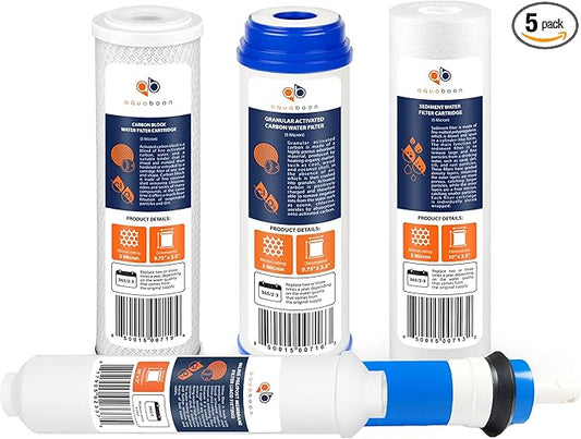 Aquaboon 5-Stage Reverse Osmosis Water Filter Kit with RO Membrane 50GPD - Under Sink Water Filter Replacement Cartridges for 10" Water Filter System