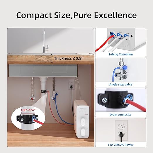 MIZUDO 600GPD Reverse Osmosis System, Pureflo Mini Size 8-Stage Tankless Reverse Osmosis Water Filter, 3:1 RO Filtration System Under Sink, Leak-Free, Reduce PFAS & Fluoride