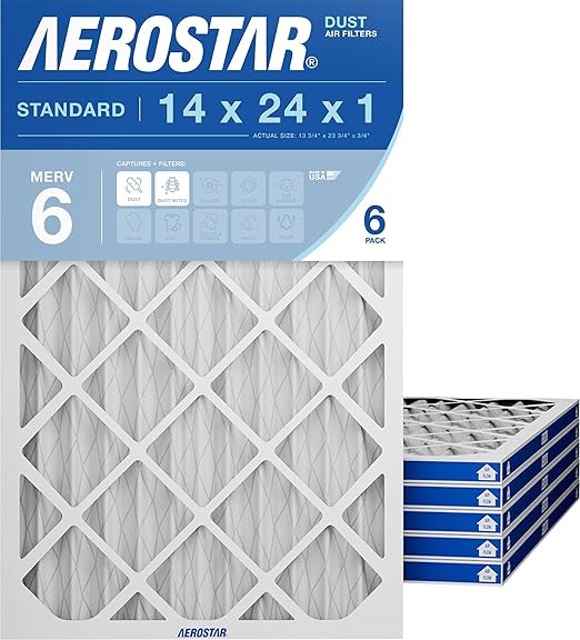 Aerostar 14x24x1 MERV 6 Air Filter, 6 Pack Set of HVAC Furnace Filters, Electrostatic MPR 300 (Actual Size: 13 3/4 x 23 3/4 x 3/4 inches)