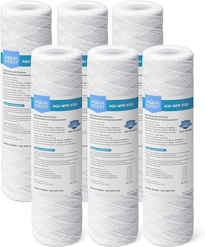 AQUA CREST 5 Micron 10"x2.5" String Wound Sediment Water Filter Cartridge for Well Water, Universal Replacement for Any 10 inch RO Unit, WP-5, Aqua-Pure AP110, CFS110, Culligan P5, WFPFC4002, 6Pack