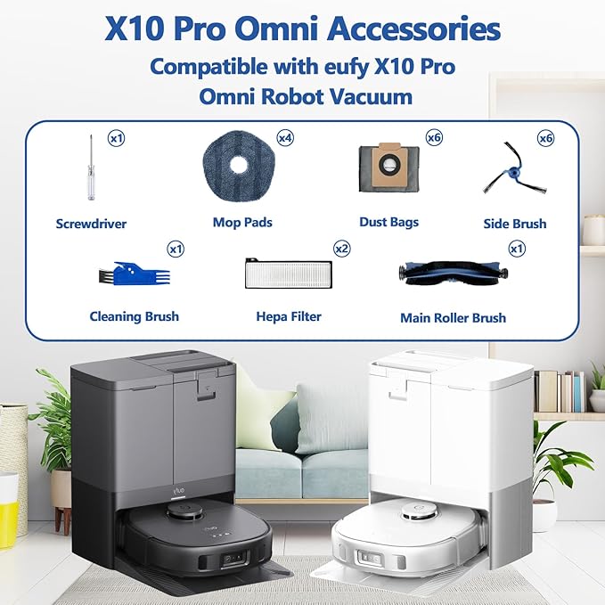 21 Pack X10 Pro Omni Replacement Parts for Eufy X10 Pro Omni Robot Vacuum Accessories, 1 Main Roller Brush, 2 Hepa Filters, 4 Mop Cloth Pads, 6 Side Brushes, 6 Dust Bags, 1 Screwdriver 1 Clean Tool