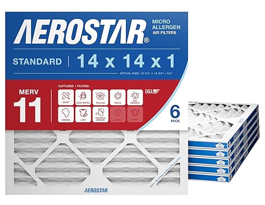 Aerostar 14x14x1 MERV 11 Air Filter, 6 Count, ACTUAL SIZE (13.75 x 13.75 x 0.75), HVAC, Air Conditioning & Furnace Filter for Dust, Pet Dander, Smoke & Allergies (MPR 1200 / FPR 7), Made in USA