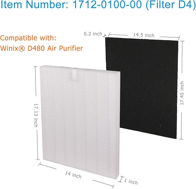 Flintar D480 Filter D4, Compatible with Winix D480 Air Purifier, H13 Grade Filtration and 4 Activated Carbon Filters, Item Number 1712-0100-02, D4-Filter