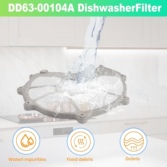 【Upgraded】"No Hump" DD63-00104A For Samsung Dishwasher Pump Mesh Filter Body (OEM) Parts, Grey (9 * 8.6 * 0.2 inch) (Match DD63-00099A Sump-Cover)