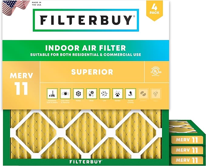 Filterbuy 19x19x1 Air Filter MERV 11 Superior Pet & Allergy Defense (4-Pack), Electrostatic Pleated HVAC AC Furnace Filters Replacement (Actual Size: 19.00 x 19.00 x 0.75)