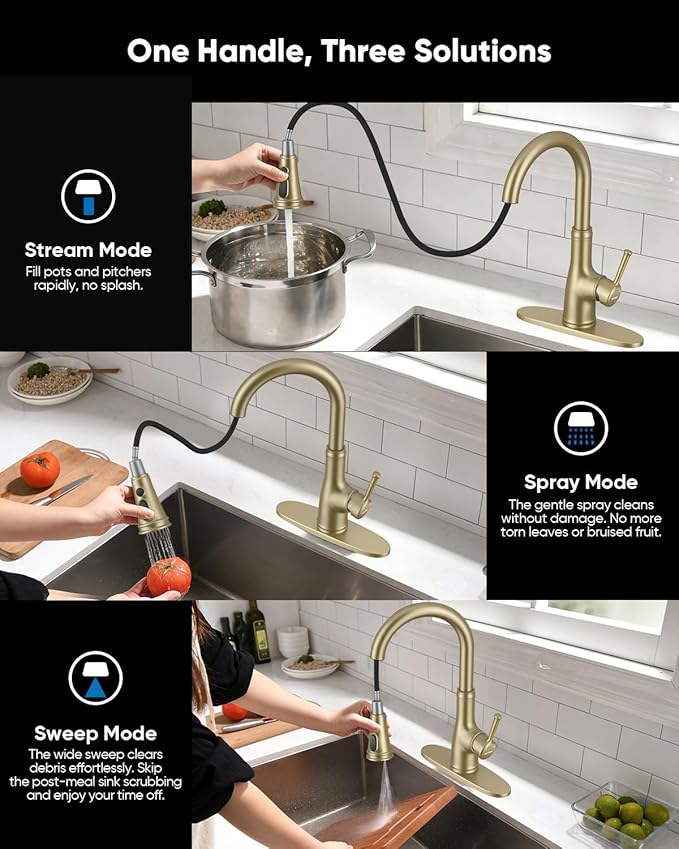 WEWE Vintage Kitchen Faucet with Pull Down Sprayer, Stainless Steel 1 or 3 Hole High Arc Single Handle Antique Sink Faucet for Classic Modern Ktichen, Gold Bar & Prep Sinks