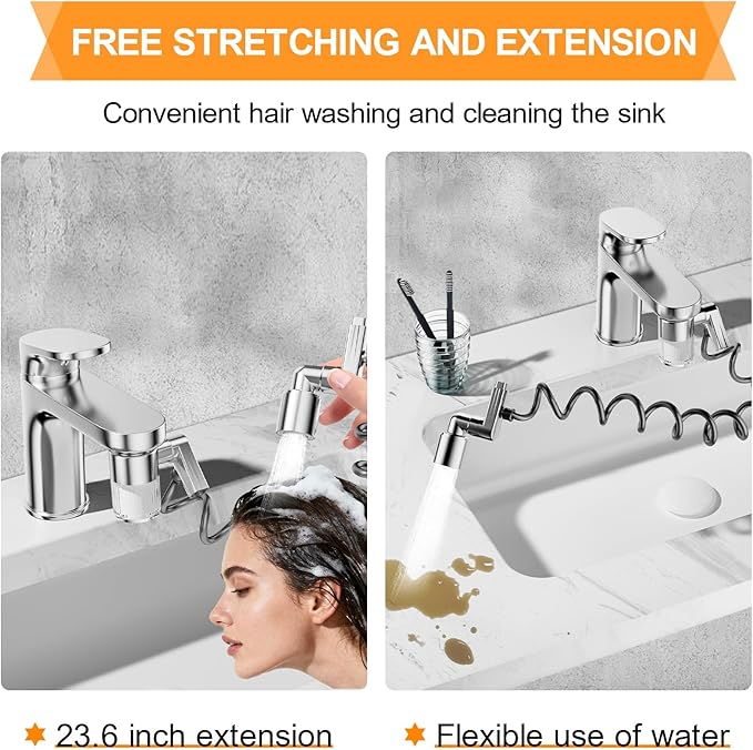 Water Filter for Sink Faucet Extender - 2 Mode 1080° Rotating Swivel Faucet Aerator - Bathroom Sink Sprayer Attachment for Faucet with Stretchable Hose - 5pcs Cartridges Reduce Heavy Metal