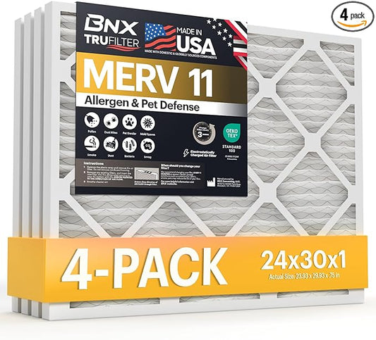 BNX TruFilter 24x30x1 Air Filter MERV 11 (4-Pack) - MADE IN USA - Allergen Defense Electrostatic Pleated Air Conditioner HVAC AC Furnace Filters for Allergies, Dust, Pet, Smoke, Allergy MPR 1200 FPR 7