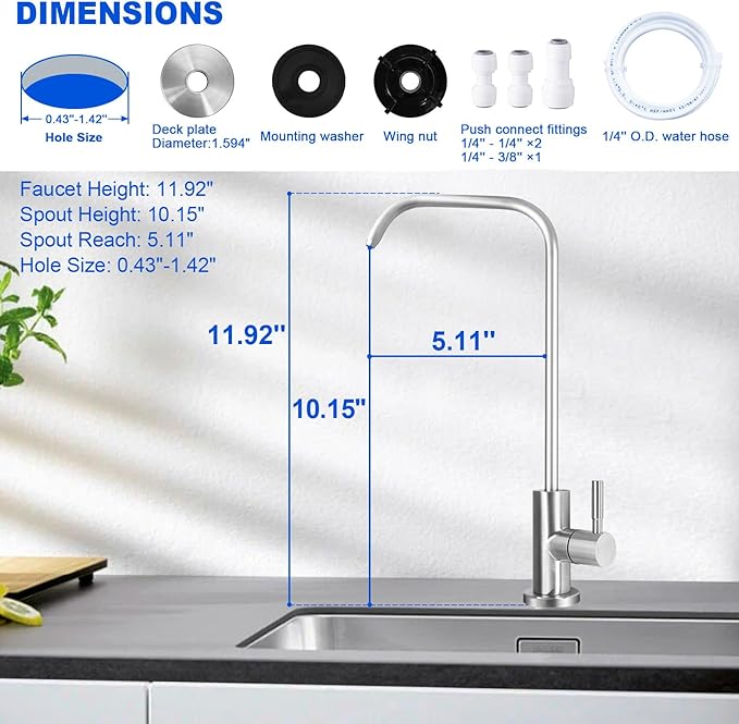 Drinking Water Faucet - Long Thread Stem Filtered Water Tap for Thick Countertop,Lead-Free RO Faucet with Hose and Push Connect Fittings(Brushed Stainless - "7" Shape)