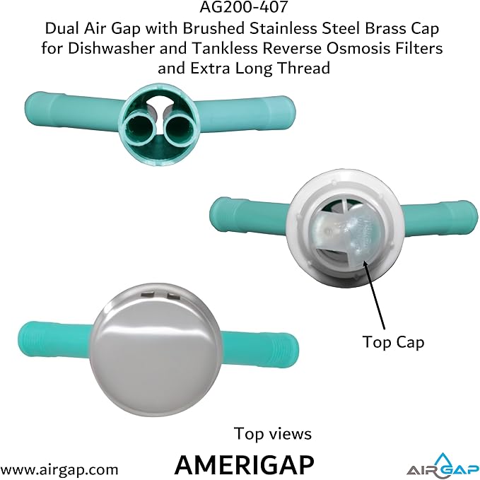 Dual Air Gap with Brushed Stainless Steel Brass Cap for Dishwasher and Tankless Reverse Osmosis Filter and Extra Long Thread (AG200-407, AG200-X07, AMERIGAP)
