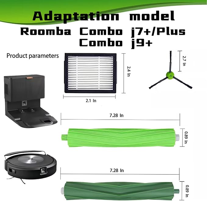 Replacement Parts Compatible with Roomba Combo j9+,Combo j7+/Plus Robot Vacuum Cleaner,1 Set of Multi-Surface Rubber Brush+4 Mopping Pads + 4 HEPA Filters &4 Side Brushes &4 Dust Bags