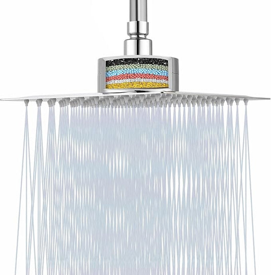 Filtered Shower Head, Stainless Steel High Flow Rainfall Showerhead with 15 Stage Hard Water Filter Cartridge for Remove Chlorine and Harmful Substances(Chrome,12")