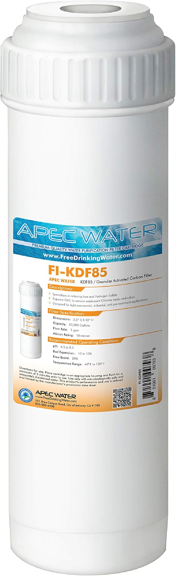 APEC Water Systems FI-KDF85 Iron and Hydrogen Sulfide Reduction Specialty Water Filter, 2.5"x10