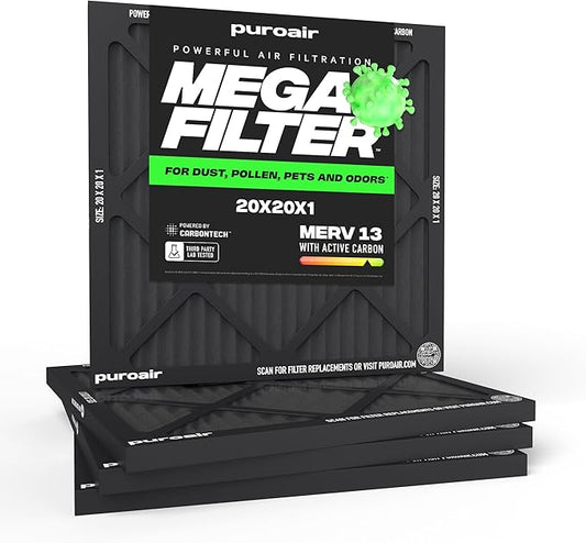 PuroAir MegaFilter - 20x20x1 Air Filter MERV 13 Activated CarbonTech Defense - Heavy Duty 3 Layer Furnace Filters Allergens, Pollen, Dust, Pet Dander, Smoke, Odors - HVAC Air Filter 20x20x1 (4-Pack)