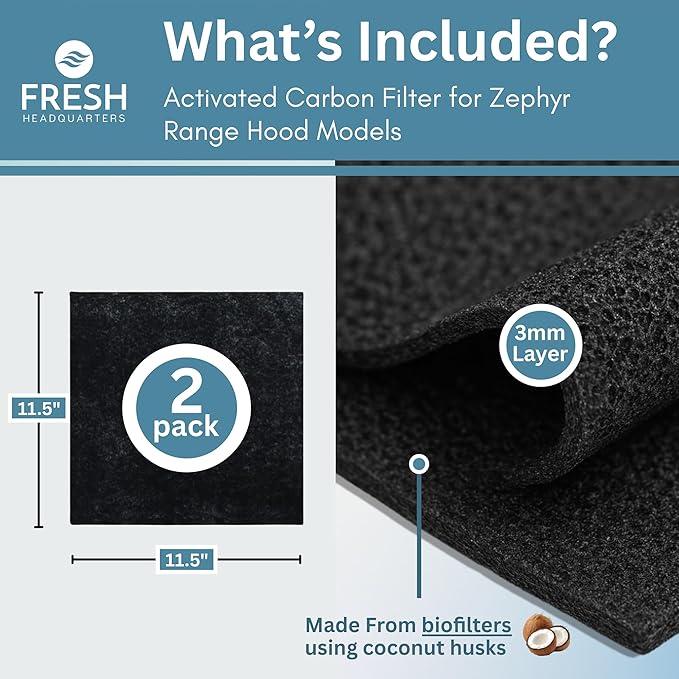 Activated Charcoal Filter For Range Hood - Premium Carbon Filter 11.5" x 11.5" Range Hood Filters Replacement for Zephyr Models - For Odor & Grease Control - 2-pack