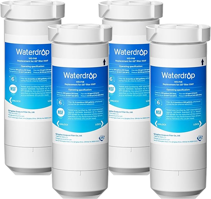 Waterdrop XWF Refrigerator Water Filter, Replacement for GE® XWF, WR17X30702, NSF 42/372 Certified, Compatible with GE® GNE27, GFE26, GDE25, GSS25, PSE25 Series Refrigerators, 4-Pack (Not XWFE)