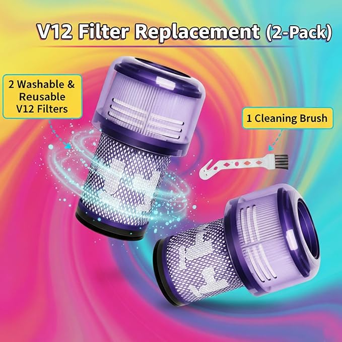 V12 Filter Replacement Compatible for Dyson V12 Detect Slim, V12 Slim, V12 Slim Absolute Cordless Vacuum Part No. 971517-01 SV20, SV30, SV34, SV35 Parts, 2-Pack Filters, 1 Cleaning Brush【NOT for SV12】