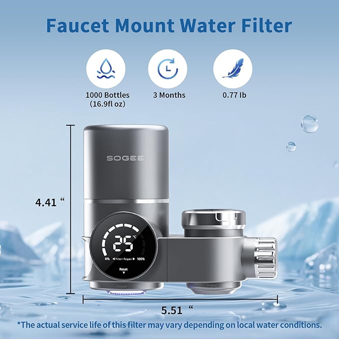Faucet Water Filter, LED Display Faucet Top Water Filter with Real-Time Filter Life Indicator 99.9% Filtration, NSF42 Remove Chlorine,Odors & Heavy Metals, 1*Filter, LJ206